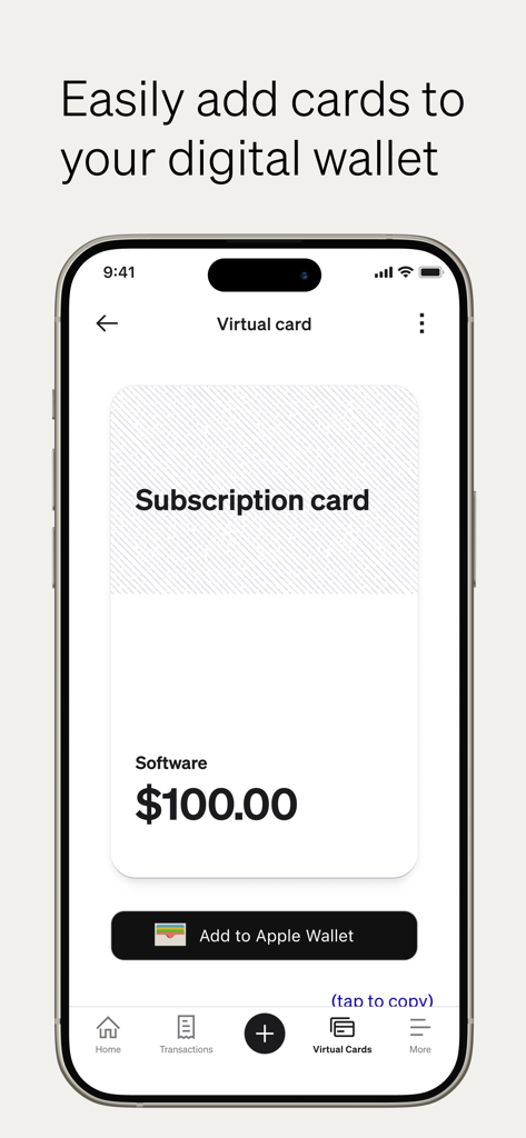 Interface showing a virtual subscription card within the BILL app and a button to add it to Apple Wallet.