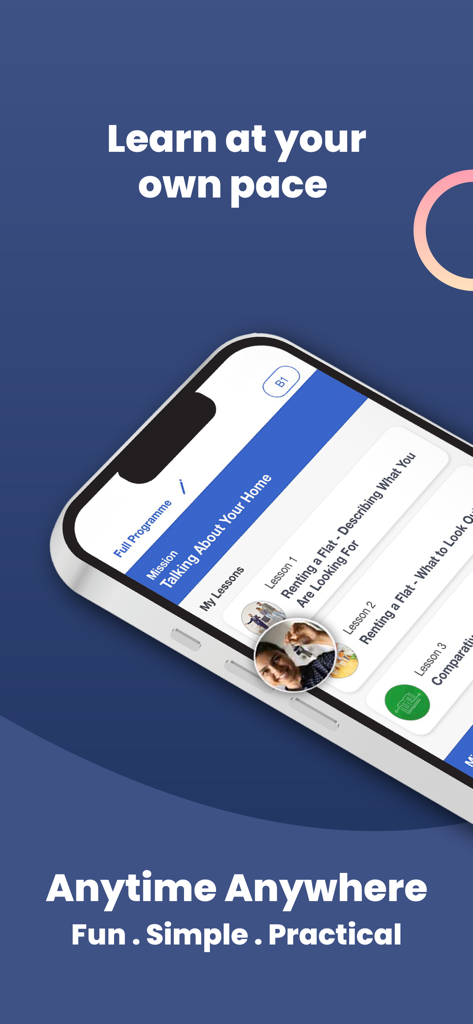 Interface do aplicativo móvel Altissia exibindo uma missão de aprendizado de idiomas de nível B1 e lições para alugar um apartamento.
