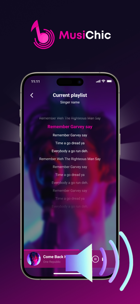 MusiChic app showing synchronized song lyrics and music player controls