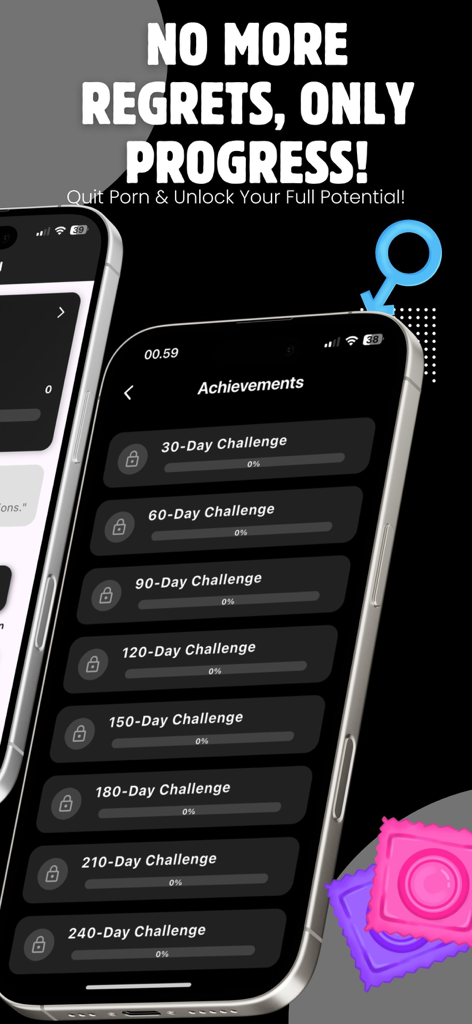 QUITPRN: Quit Porn Addiction - QUITPRN-App-Erfolgsbildschirm, der den Fortschritt für 30- bis 240-Tage-Herausforderungen anzeigt