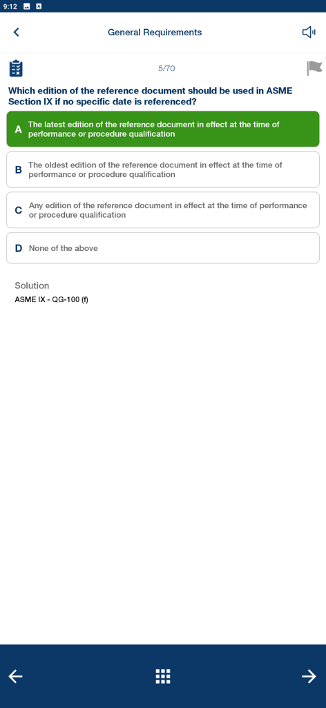 ASME IX Welding - Eine Multiple-Choice-Quizoberfläche in der ASME IX Welding App, die eine Frage zu Ausgaben von Referenzdokumenten zeigt, wobei die richtige Antwort grün hervorgehoben ist