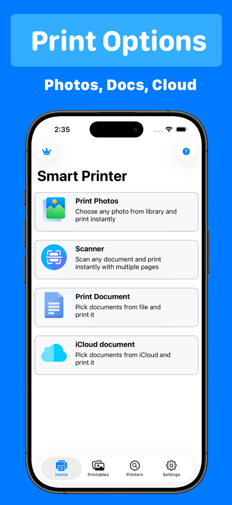Smart Printer App - Fast Print - Smart Printer App home screen displaying options to print photos, scan documents, and access files from iCloud.