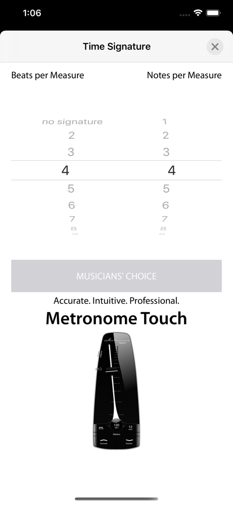 Metronome - reloaded - Time signature selection screen in Metronome reloaded app showing beats and notes per measure settings