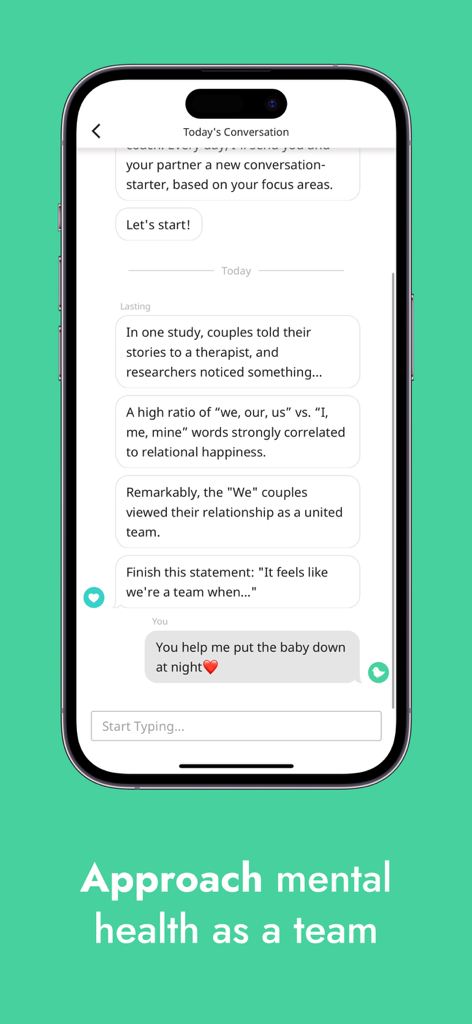 A smartphone showing the Lasting app's daily conversation interface with a prompt about approaching mental health as a team.