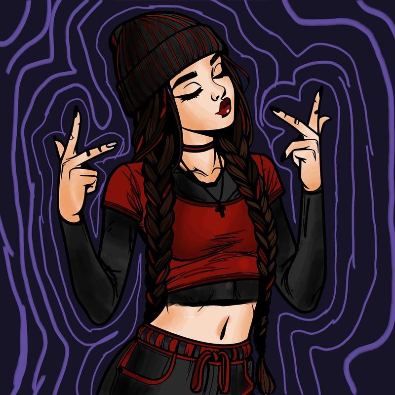 realistic teenage girl with braids and a beanie and crop top doing 🫶🏼