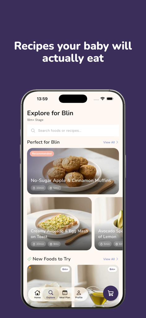 Nica: Baby Food & Meal Planner - Nica app interface showing a variety of healthy baby food recipes like muffins and avocado toast with age specific labels