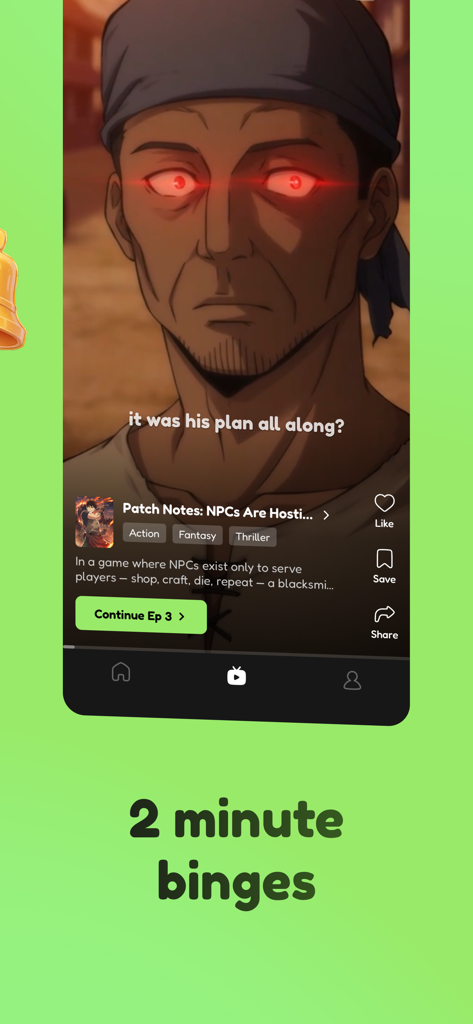 Vertical anime video interface in the Mochi app with the caption 2 minute binges