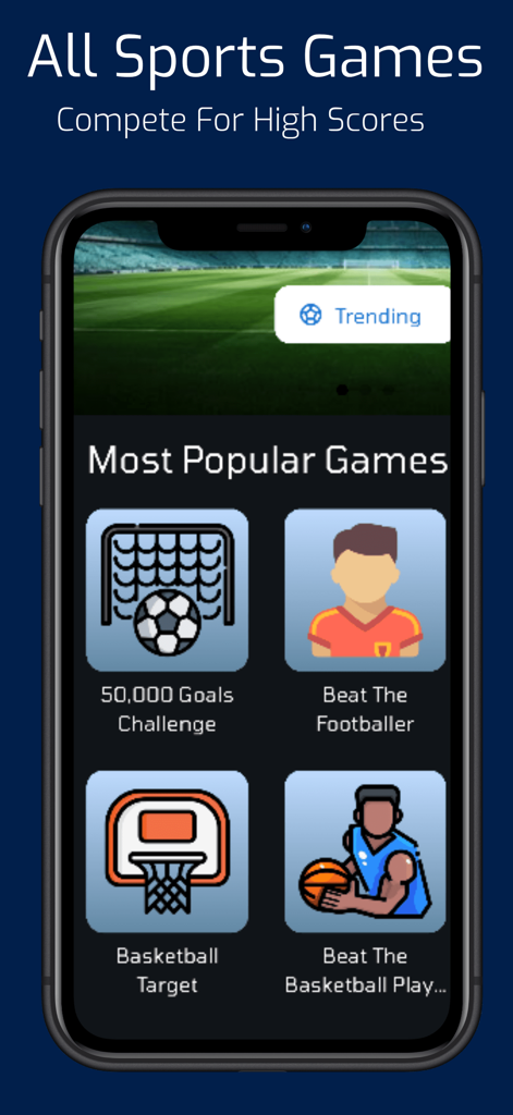 Mini-Sports Games - Mini-Sports Games mobile app home screen showing various soccer and basketball game modes