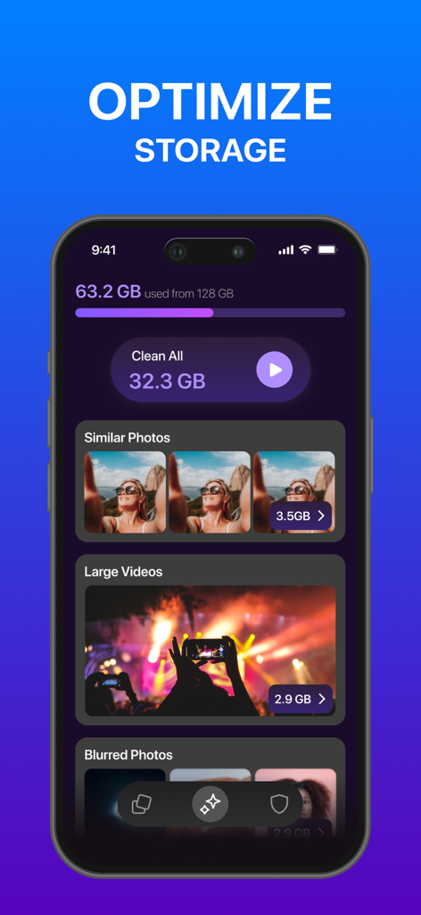 App interface showing storage optimization options for similar photos, large videos, and blurred photos on an iPhone.