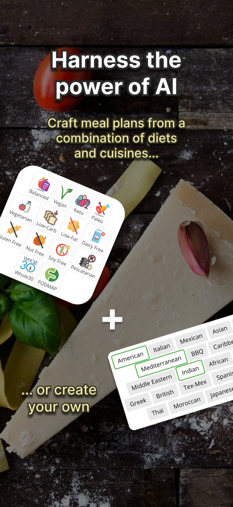 Interfaz del planificador de comidas con IA que muestra la selección de preferencias dietéticas y cocinas internacionales para planes de comidas personalizados.