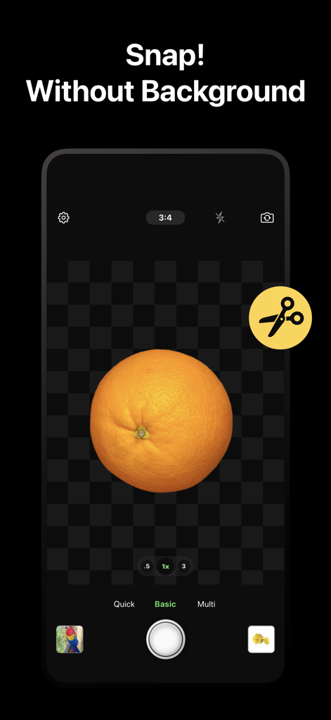 Cutout Camera AI Photo Editor - A mobile app interface showing an orange with its background removed in real-time using AI