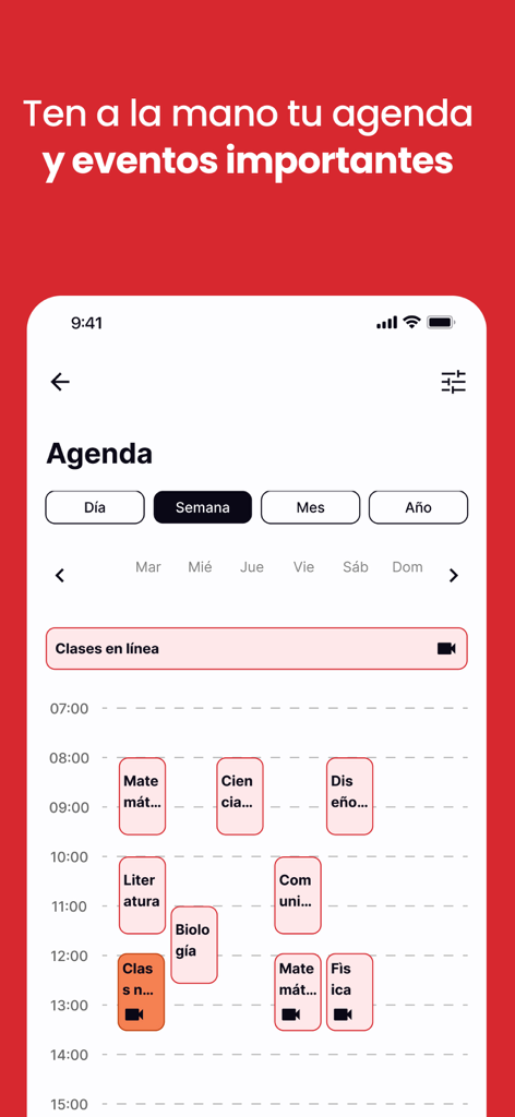 Vista del horario de clases semanal y agenda académica en la app Conexión Lince UVM