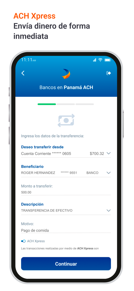 Mercantil Banco Panamá - Mobile app screen for Mercantil Banco Panama showing an ACH Xpress immediate money transfer form with account selection and beneficiary details