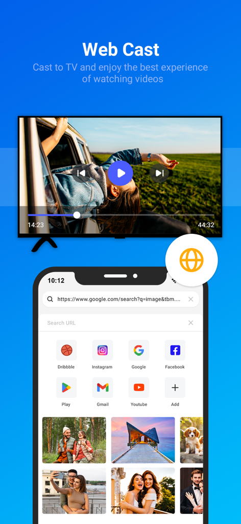 CastPlay - Cast to TV - Duplicación de video web: un teléfono inteligente que muestra un navegador web transmitiendo un video a un televisor inteligente usando la aplicación CastPlay.