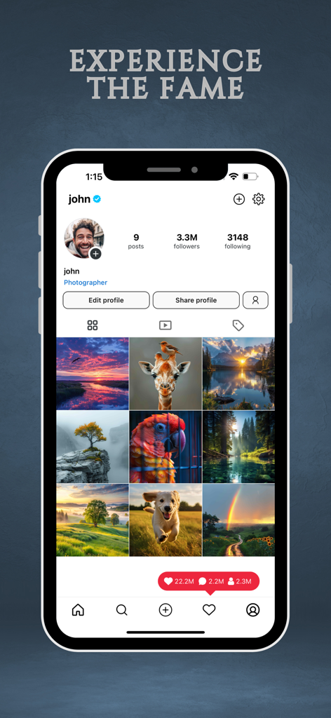 Fame Simulator - Maqueta de un perfil viral de redes sociales en la aplicación Fame Simulator que muestra millones de seguidores y notificaciones de alta interacción.