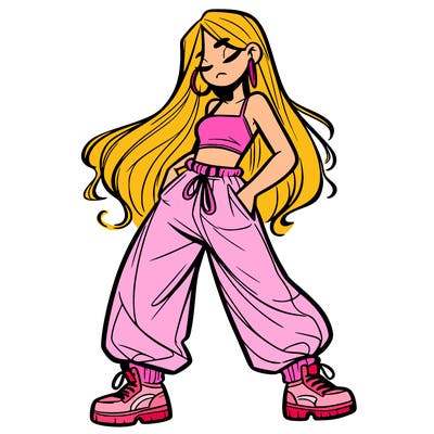 girl in baggy pants crop top and long hair