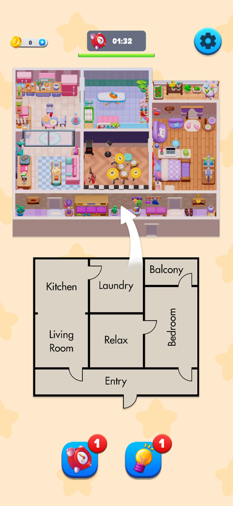 A dollhouse view of a furnished digital home with a corresponding architectural floor plan diagram below