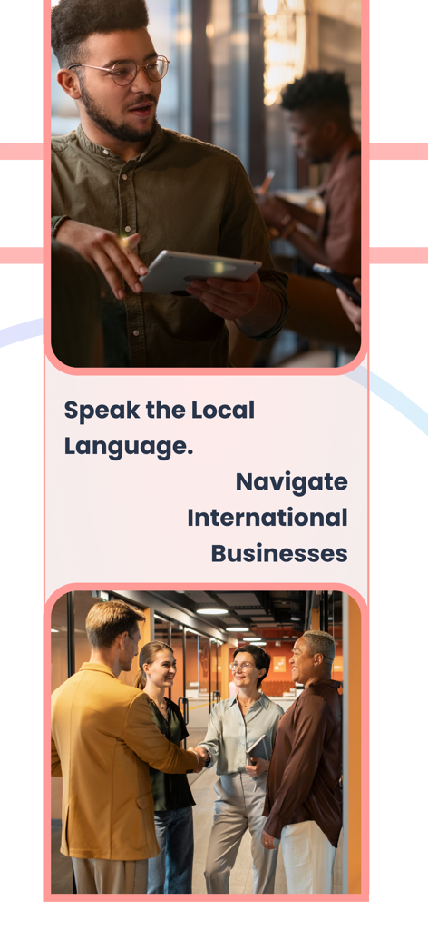 Business professionals shaking hands and communicating using the Langaroo plus translation app