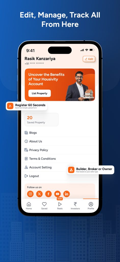 Housivity.com: Buy, Sell, Rent - Benutzerprofilseite der Housivity-App, die Kontoeinstellungen und gespeicherte Immobilien anzeigt.