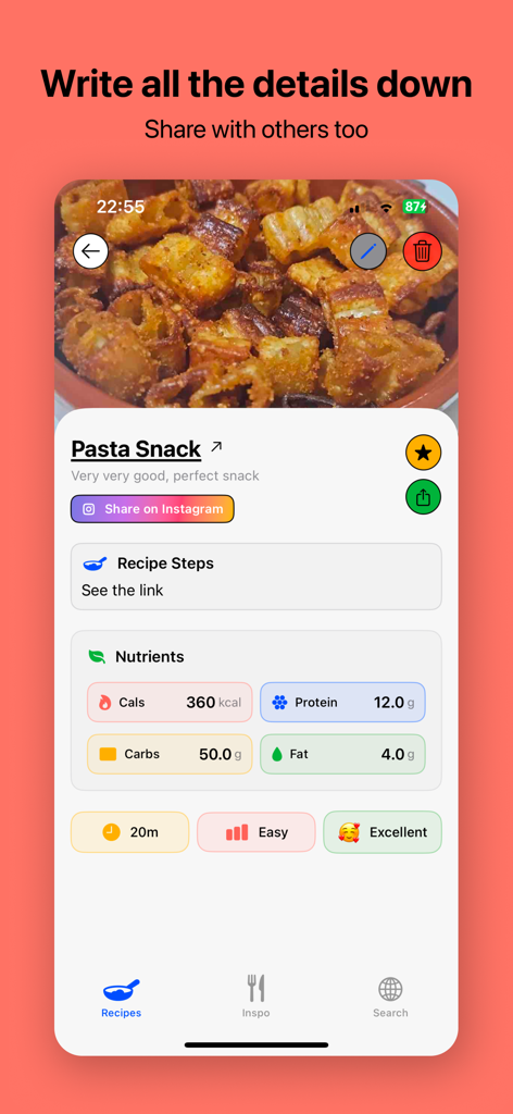 GoodBites - Recipe Manager - GoodBites app interface showing recipe details with nutrition facts and Instagram sharing option