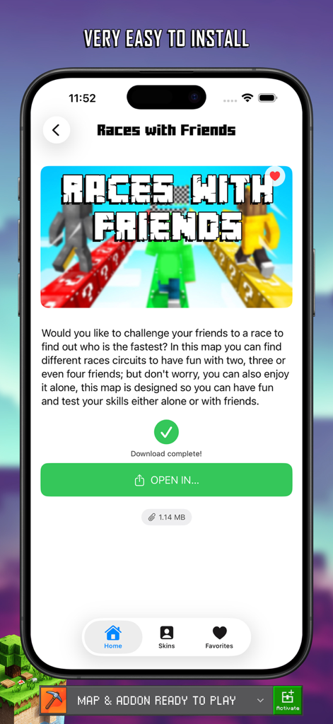 Master Craft for Minecraft PE - Interface do aplicativo Master Craft mostrando um download bem-sucedido de um mapa de corrida do Minecraft com uma opção para abri-lo