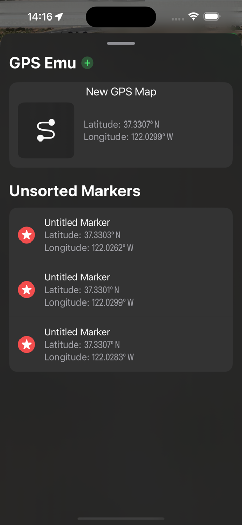 GPS Emu - Location Tracker App - GPS Emu app interface showing a list of unsorted location markers with latitude and longitude coordinates