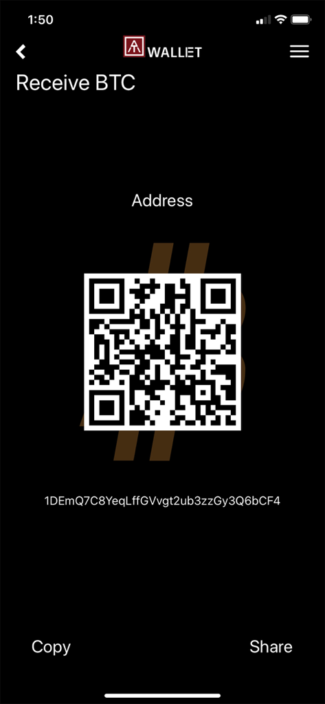 AT.Wallet - Interface móvel do AT.Wallet exibindo um endereço de recebimento de Bitcoin e código QR.