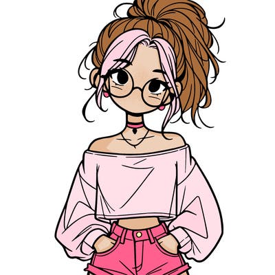 girl with a messy ponytail glasses a baggy crop top and jean shorts