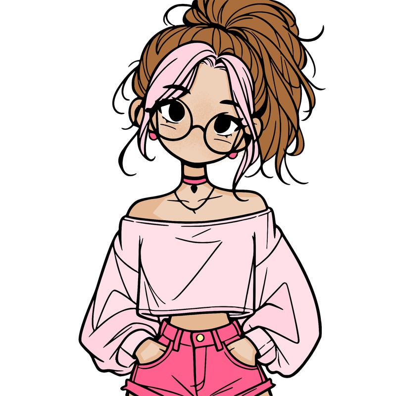 girl with a messy ponytail glasses a baggy crop top and jean shorts
