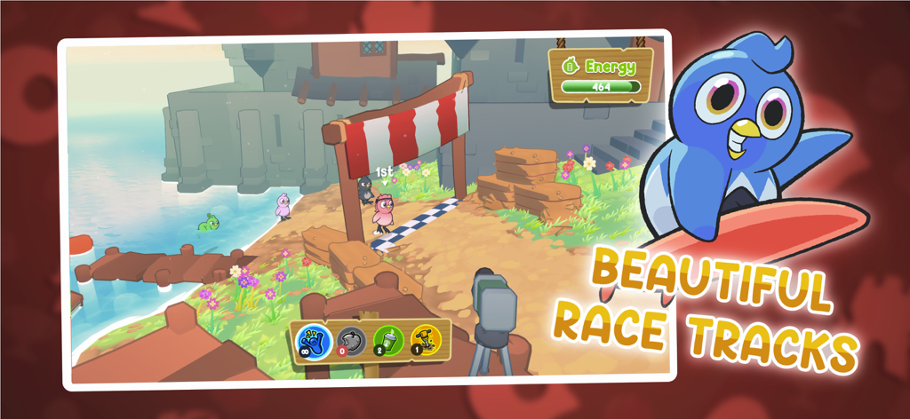 Duck Life 9: The Flock - A colorful coastal race track with ducks at the finish line in Duck Life 9 The Flock