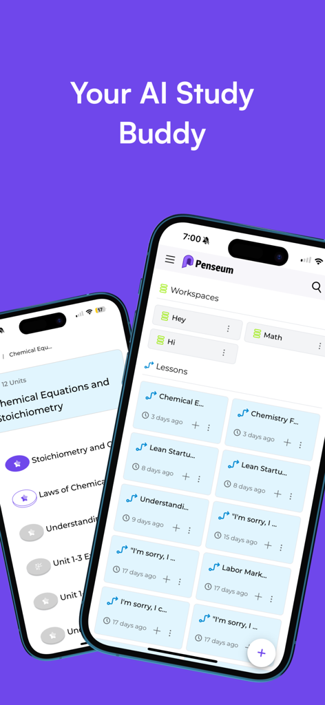 Penseum mobile app interface displaying AI study buddy dashboard with academic lessons and workspaces