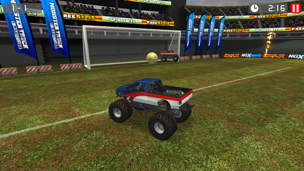 Monster Truck Soccer - A blue monster truck playing soccer in a large stadium with a giant ball and goal