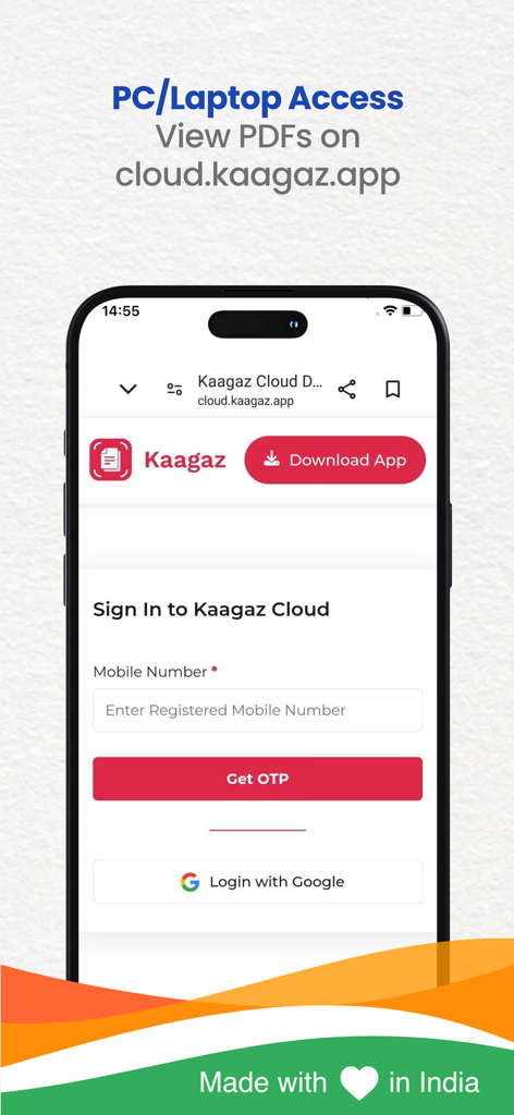 Kaagaz PDF Scanner & Compress - Sign in screen for Kaagaz PDF Scanner cloud to access documents on PC and laptops