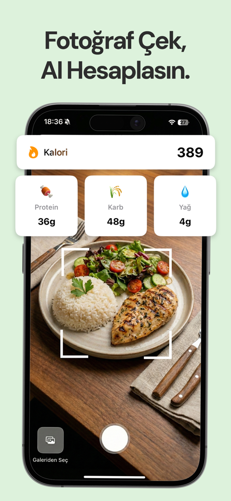 Kilo - AI Calorie Tracking - Aplicación Kilo usando IA para rastrear calorías y macros a partir de una foto de un plato de pollo con arroz