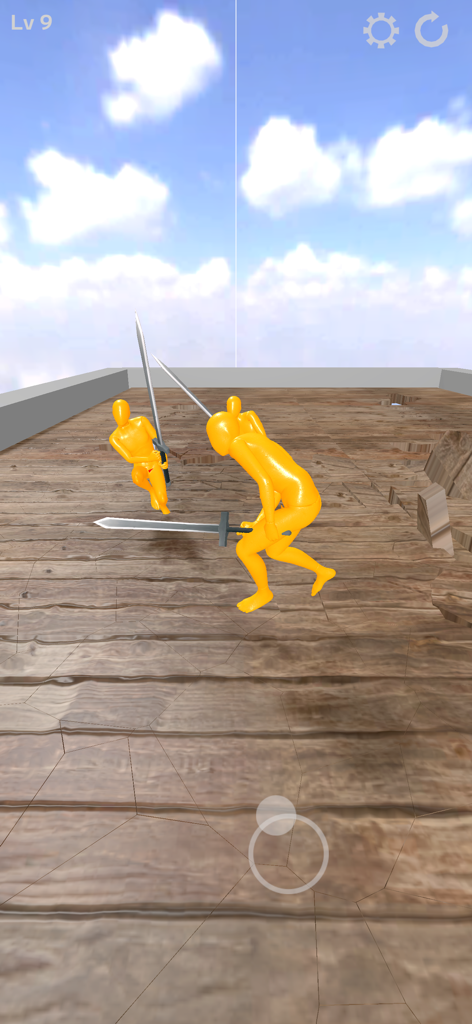 Zwei gelbe Ragdoll-Figuren kämpfen in einem physikbasierten Spiel mit Schwertern gegeneinander