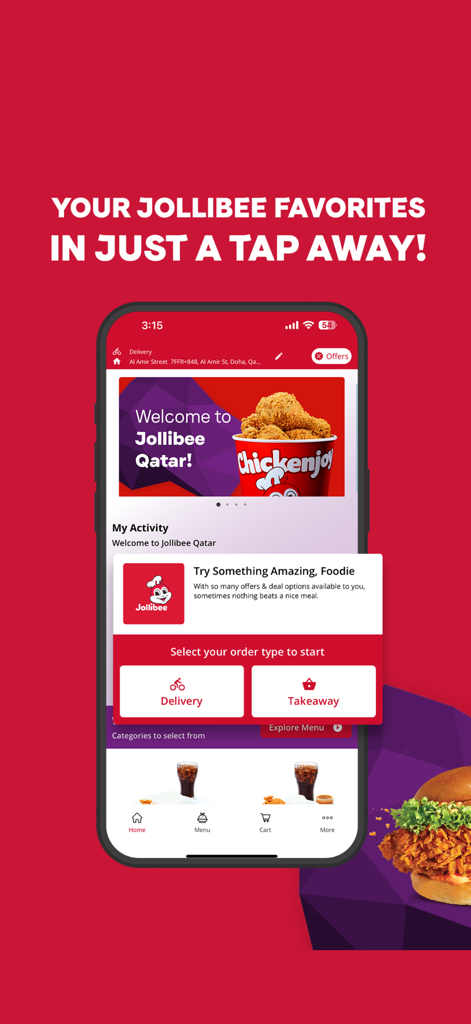 Jollibee Qatar - Jollibee Qatar app home screen showing delivery and takeaway order options