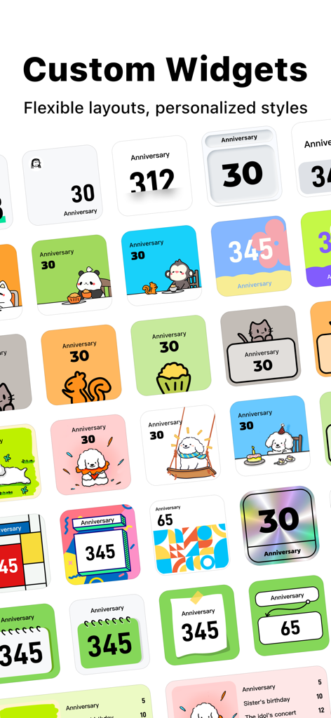 A grid showcasing diverse aesthetic and personalized countdown widget styles with cute illustrations and vibrant colors.