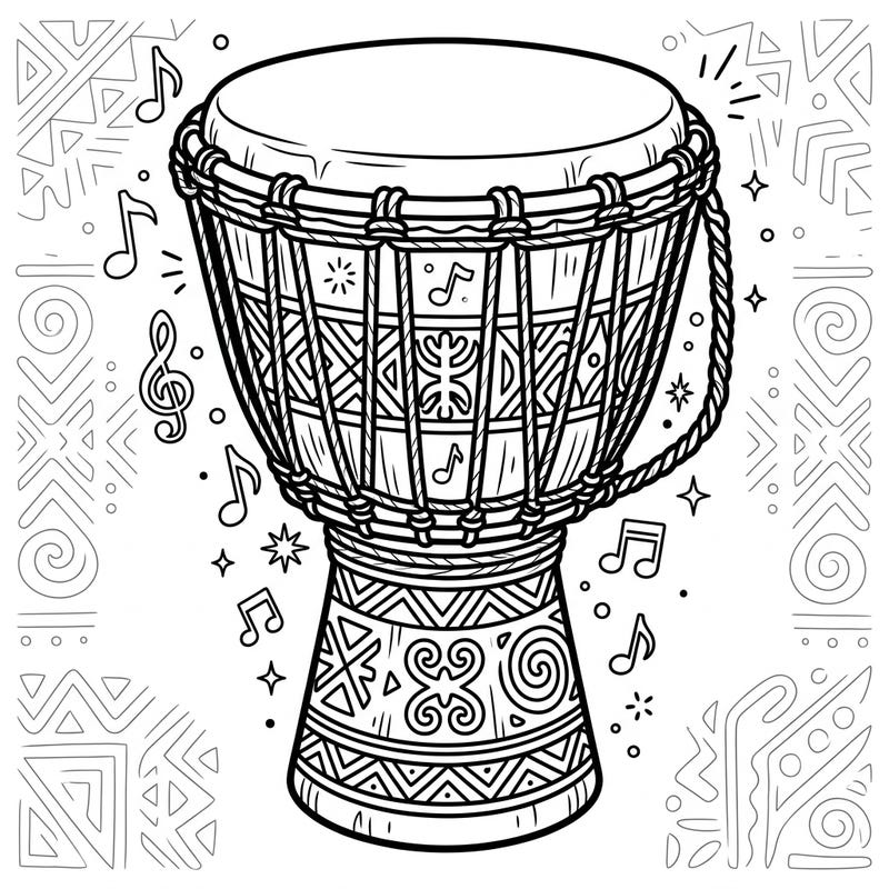 Unleash your creativity with this vibrant Djembe drum coloring page, celebrating the rich musical heritage of West Africa. Adorned with intricate patterns and surrounded by cheerful musical notes, it promises a joyful coloring experience.