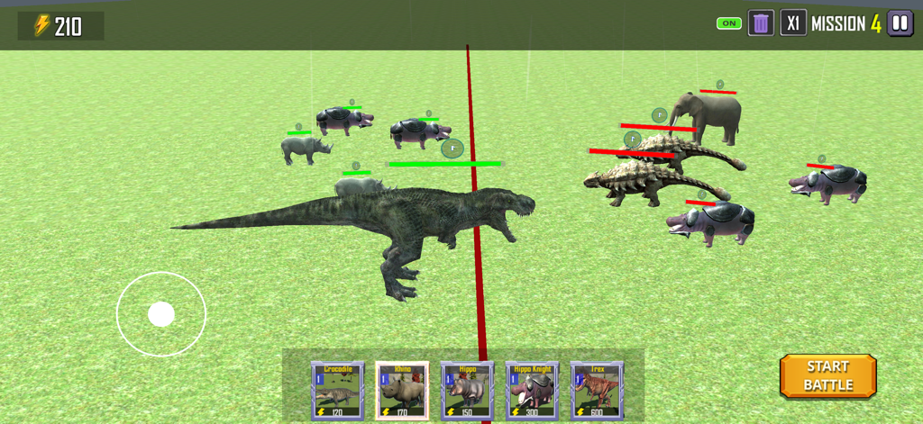 Schlachtsimulator-Szene mit einem T-Rex und Tiereinheiten in Animal Battle ARBS