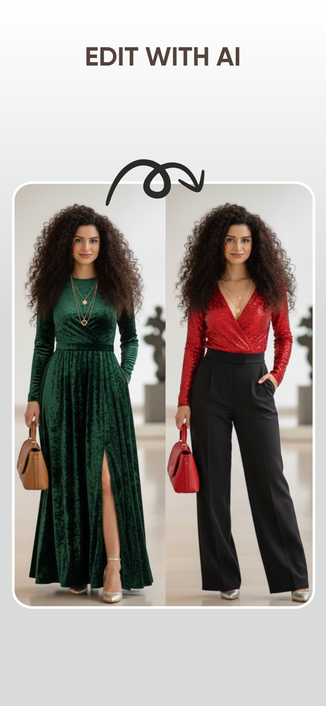 AI Photo Editor: Change Style - AIを使用して女性の衣装を緑色のベルベットドレスから赤いスパンコールのトップスと黒いパンツに変更した、前後比較。