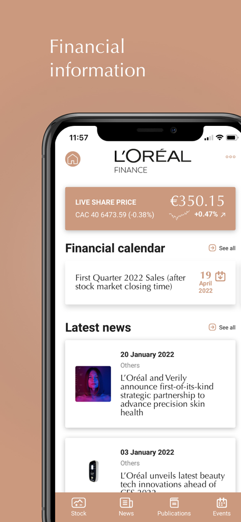 L’Oréal Investors - Schermata principale dell'app Loreal Finance che mostra il prezzo delle azioni in tempo reale, il calendario finanziario e le ultime notizie aziendali
