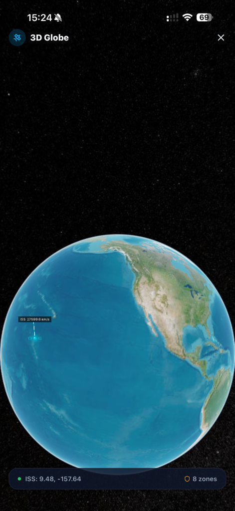 3D globe visualization in SkyPilot Pro showing real-time ISS position and global GPS interference zones over North America