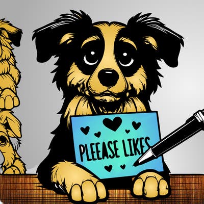 realistic, dog, folding a sign that says please likes
