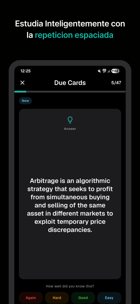 Sumerly - Sumerly mobile app interface showing a digital flashcard for studying with spaced repetition buttons.