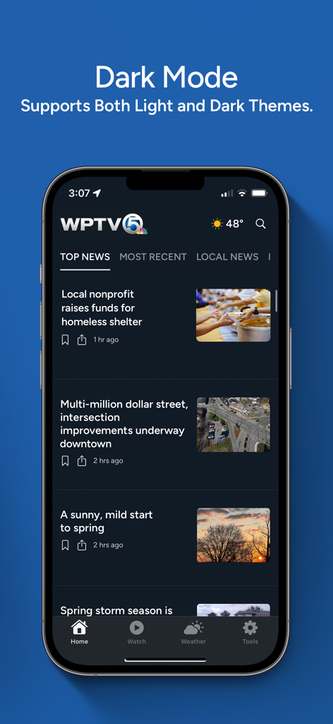 WPTV News Channel 5 West Palm - WPTV News app interface showing the dark mode theme with local news headlines
