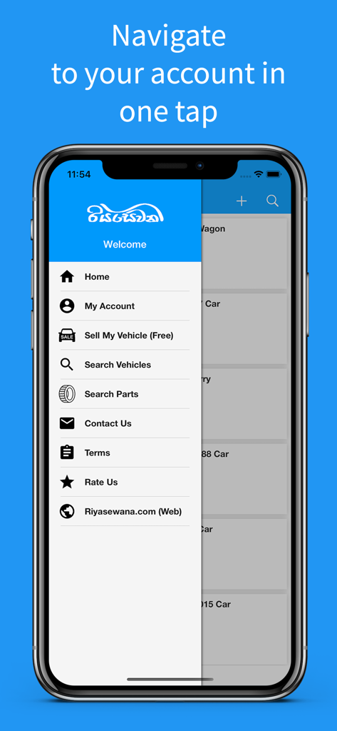 Riyasewana - Side navigation menu of the Riyasewana vehicle marketplace app showing account and search options.