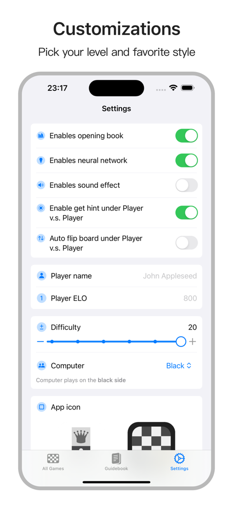 ChessBot app settings screen showing AI engine options, difficulty slider, and player profile customization on an iPhone