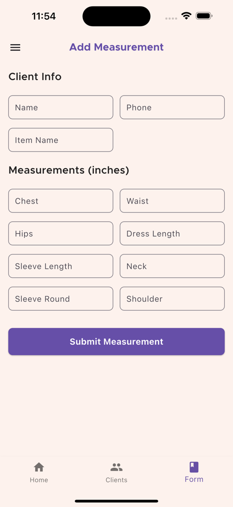 My Tailor App - A digital form within the My Tailor App for recording client contact information and specific body measurements like chest and waist.