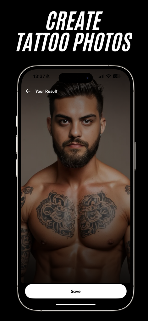 Foto generada por IA de un hombre musculoso con tatuajes en el pecho en la interfaz de la app AURA 18