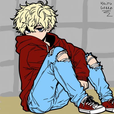a male hoddie ripped jeans messy hair anime